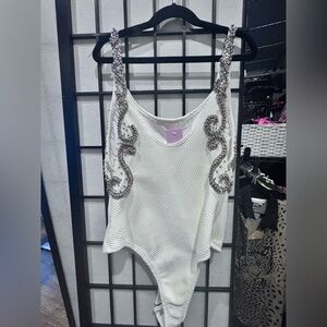Chic White Embellished Women's Bodysuit